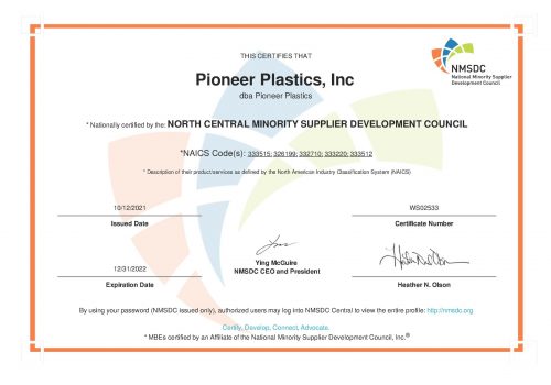 NMSDC Certificate Pioneer Plastics exp 31DEC2022